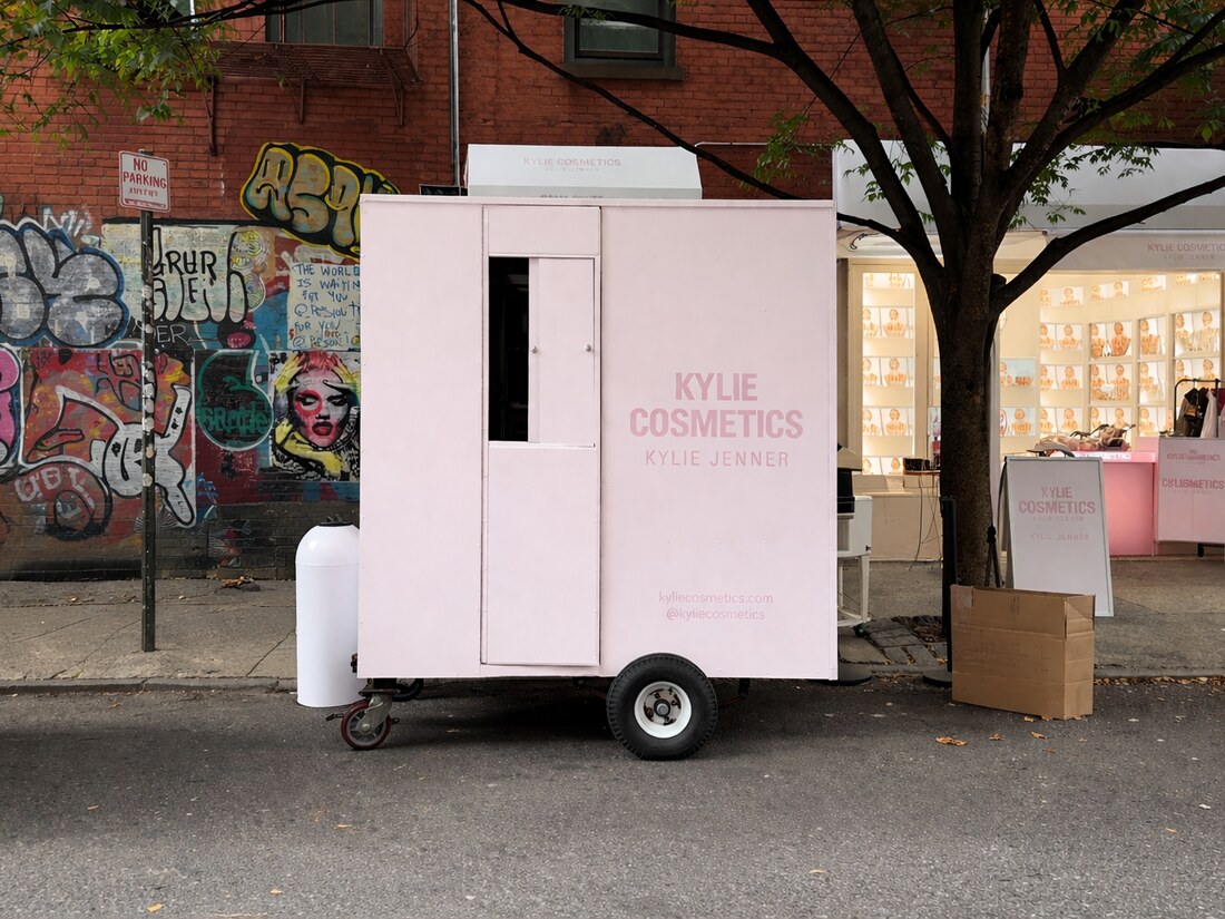 NYC food cart wrapped in soft pink for a beauty pop-up